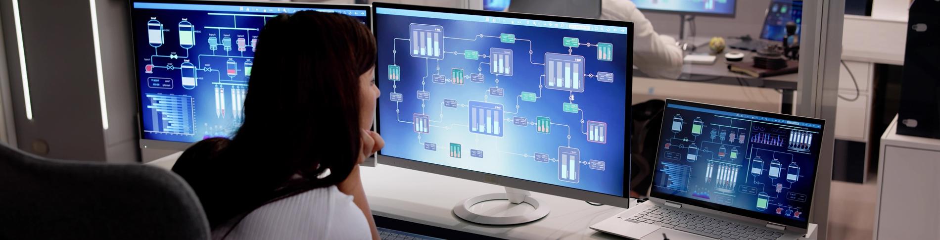 A woman examining a system diagram